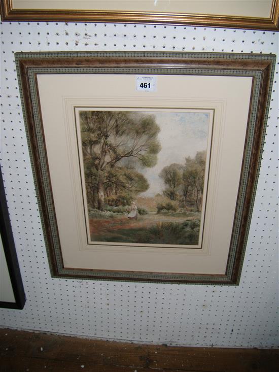 James George Bingley (1841-1920), watercolour, Wooded landscape with figure